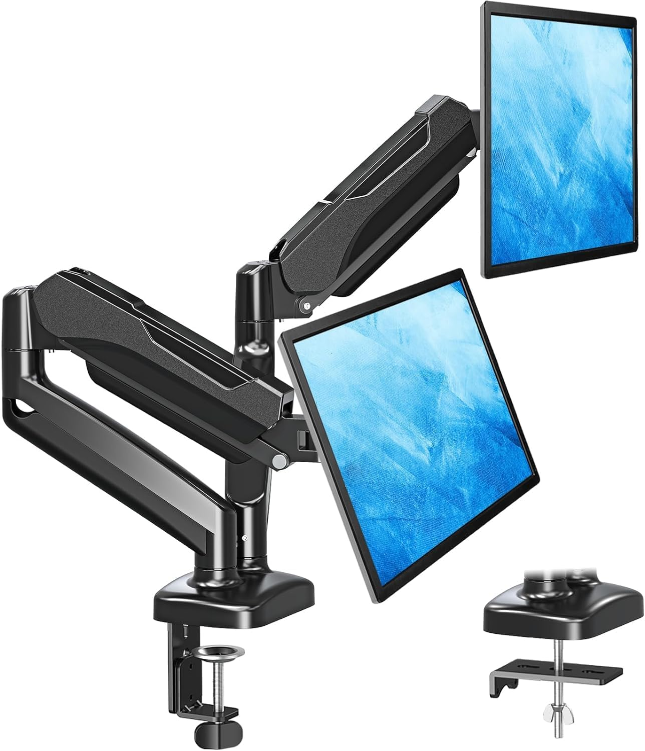 Dual Monitor Stand for Desk, Pneumatic Monitor Arms for 2 Monitors Max 32 Inches, Height Adjustable Double Monitor Mount, VESA Mounts with C-Clamp & Grommet Base, Holds 4.4-17.6lbs, Black
