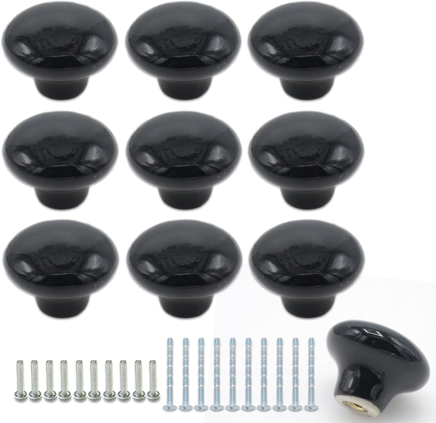 10Pack Ceramic Cabinet Knobs, 1.26Inch/32mm Black Round Drawer Dresser Knob Pulls Handle with Screws for Kitchen Cupboards, Wardrobes, Children's Rooms, Bedroom Furniture & Office Desks