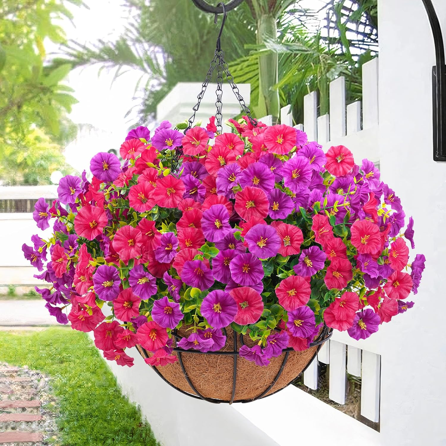 Elyum Artificial Hanging Flowers for Outdoors, Fake Flowers Artificial Petunias Hanging Baskets for Outdoors, UV Resistant Fake Hanging Plants Flowers for outside Garden Patio Porch Decor