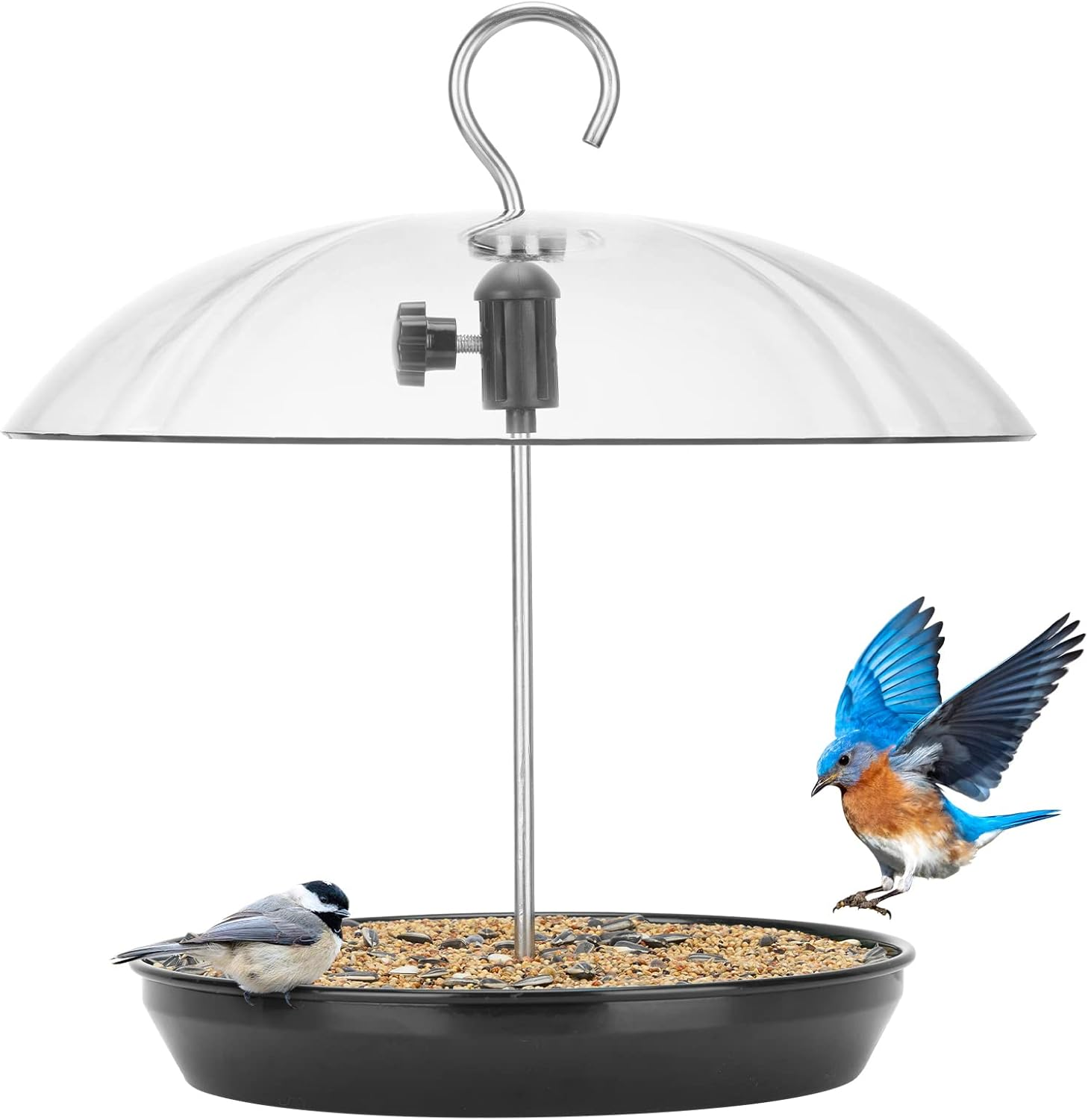 Kingsyard Adjustable Platform Bird Feeder for Outdoors, Hanging Metal Seed Tray with Clear Rain Proof Dome, Large Capacity for Wild Bluebird Cardinal Dove Mealworm, Black