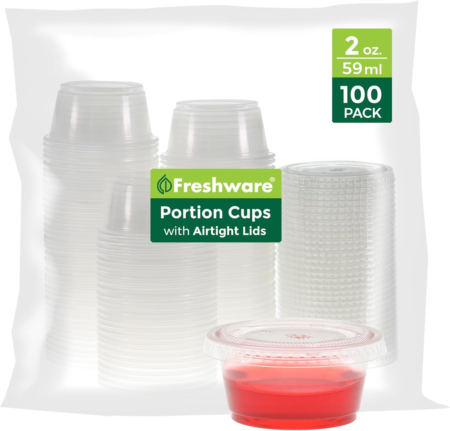 Plastic Portion Cups with Lids [2 Ounce, 100 Sets] Disposable Plastic Cups for Meal Prep, Salad Dressing, Jellos Shot Cups, Souffle Cups, Condiment and Dipping Sauce Cups