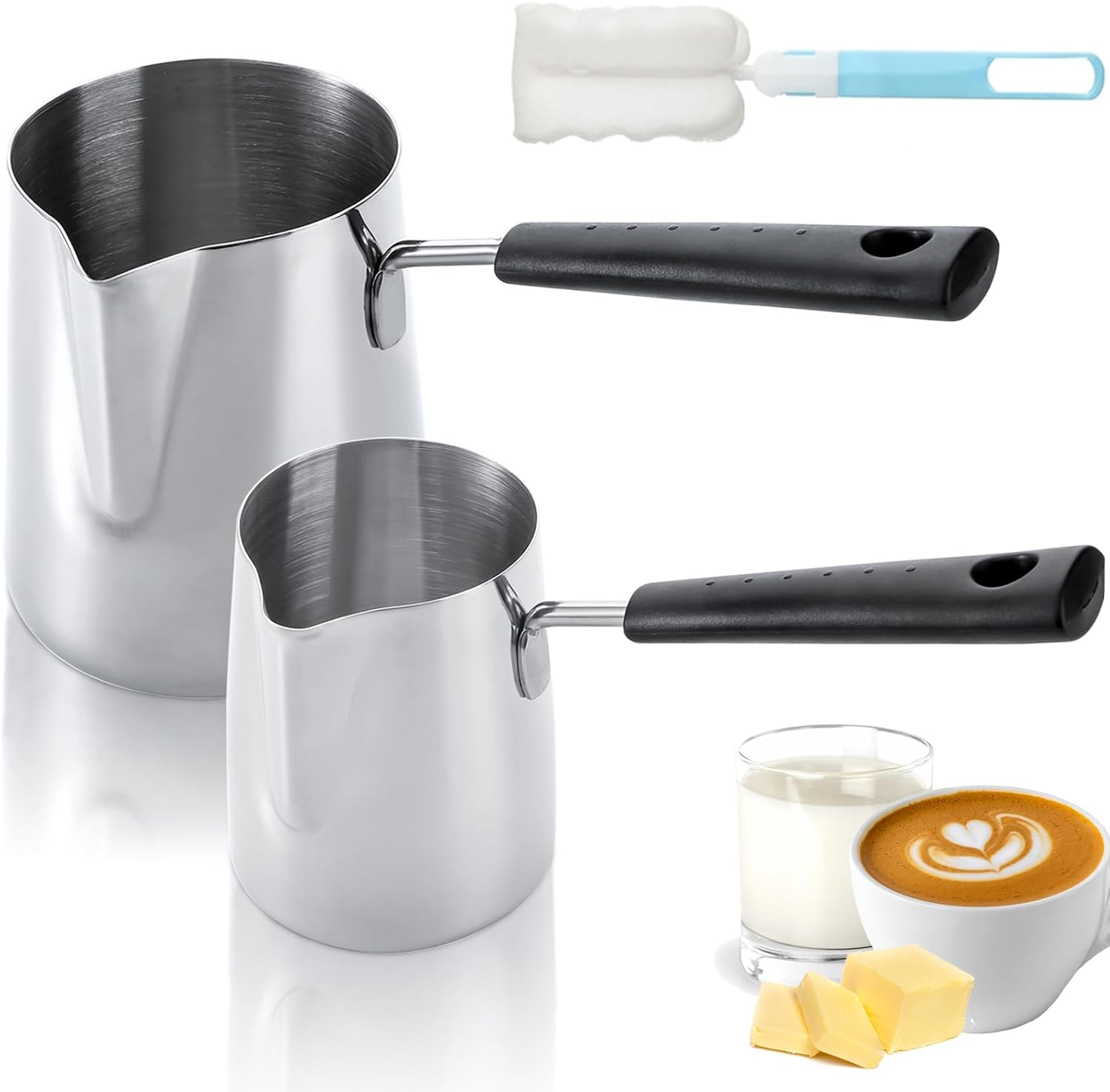 Set of 2 Milk Butter Warmer Pot, 12Oz/22Oz Turkish Coffee Pot, Stovetop Chocolate Melting Pan, Cezve Ibrik Briki Greek Arabic Coffee Maker for Maple Syrup, Sauce Heating, 18/8 Stainless Steel