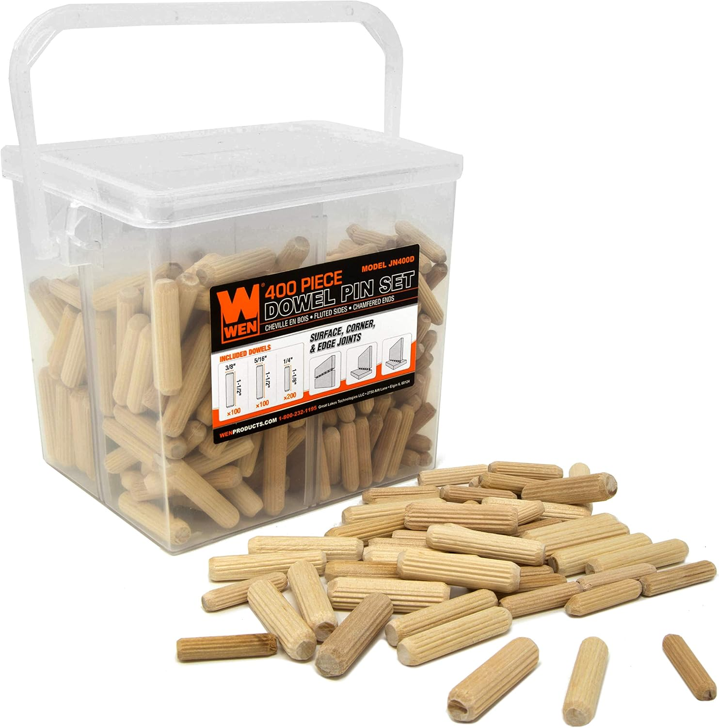 JN400D 400-Piece Fluted Dowel Pin Variety Bucket with 1/4, 5/16, and 3/8-Inch Woodworking Dowels