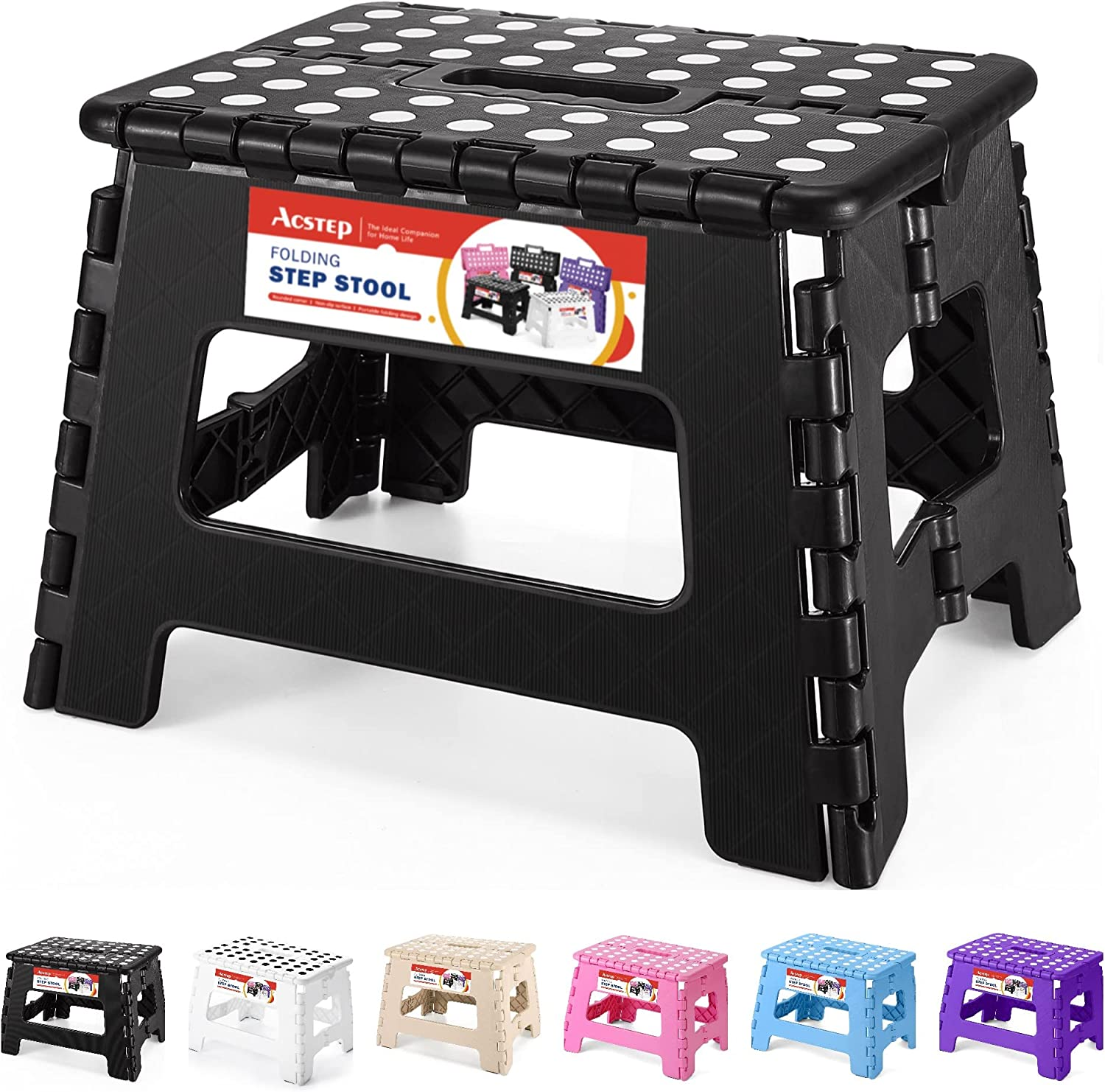 ACSTEP Folding Step Stool 9'' Tall Kids Step Stool Holds up to 300 Lb Plastic Foldable Step Stools for Kids Non-Slip Surface with Carry Handle Collapsible Stool for Home, Outdoor and Indoor(Black)