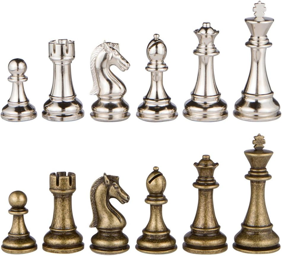 Jupiter Silver and Bronze Metal Chess Pieces with 4 Inch King and Extra Queens, Pieces Only, No Board