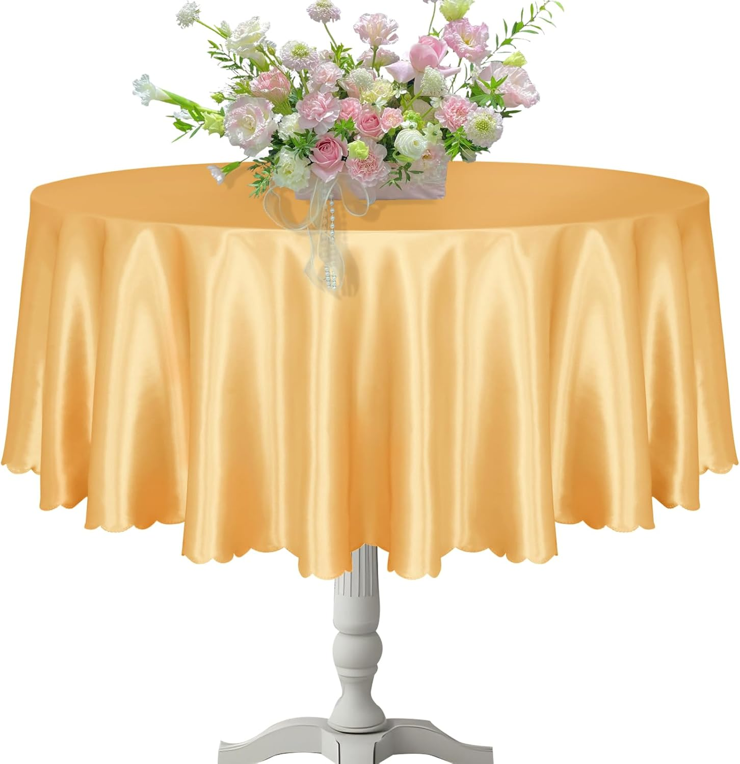 1 Pack round Table Cloths 90 Inch, Gold Overlay round Satin Table Cover, Silky Satin Dining Tablecloths for Wedding Buffet Parties Banquet Decoration