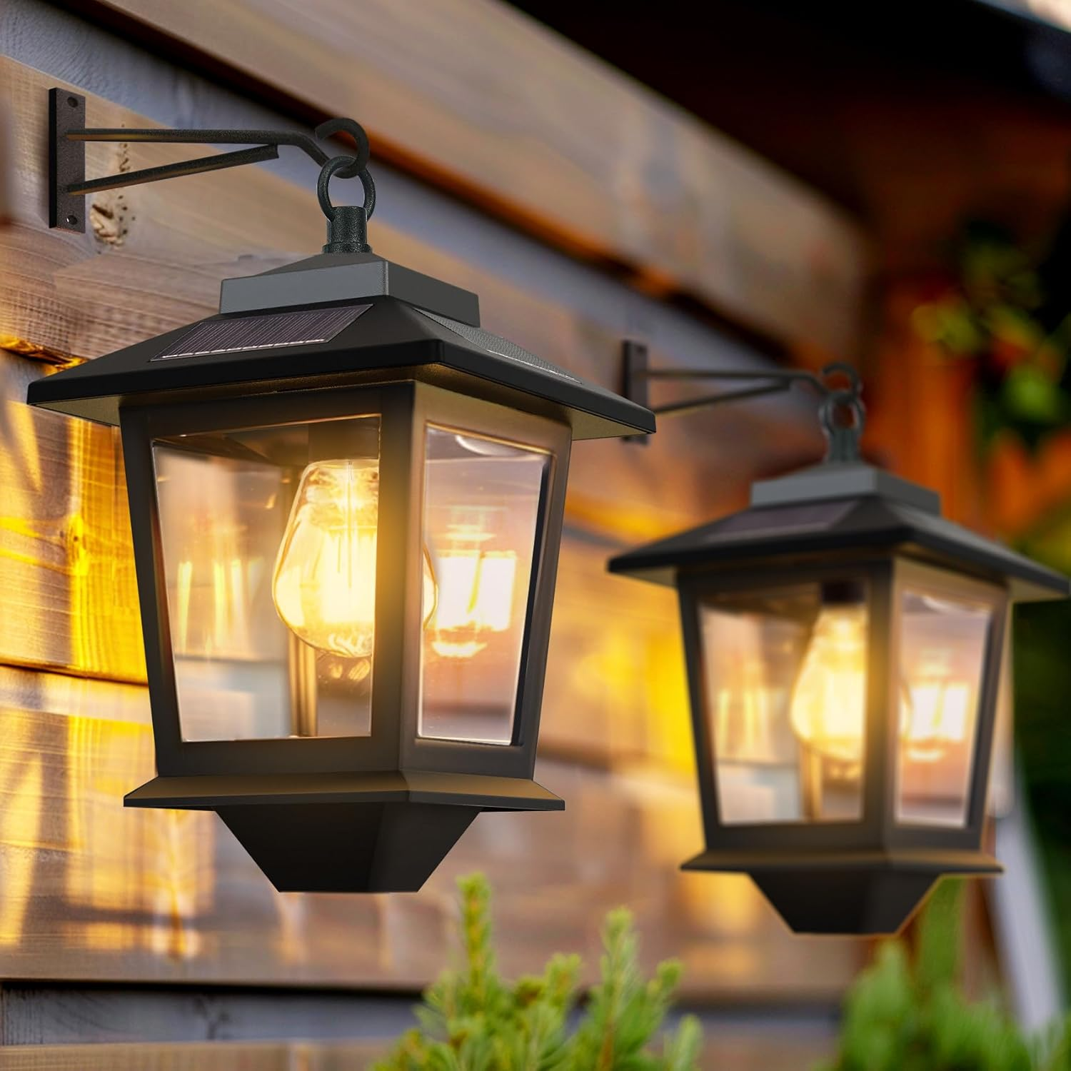 Pack Solar Wall Lanterns with Replaceable Bulb,Outdoor Hanging Lights with  Solar Panels,Dusk to Dawn Led Outdoor Wall Sconce, Anti-Rust Waterproof Lanterns with Hooks,3000K Warm White