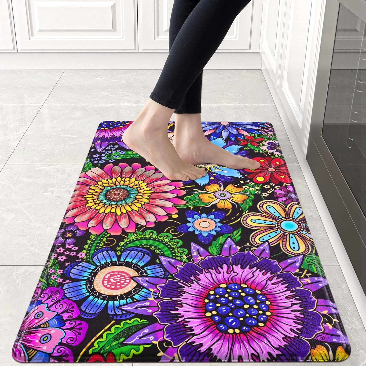Kitchen Rugs Boho Floral anti Fatigue Kitchen Mat for Floor Bohemian Flowers Non Slip Washable Kitchen Floor Mats, Comfort Standing Mat for Sink, Office, Laundry, 18''X30'', 0.47