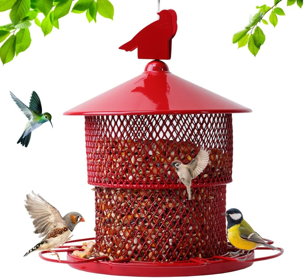 Metal Bird Feeders for Outside, Squirrel Proof Wild Bird Feeder, 4 Lbs Large Seed Capacity, Outdoors Hanging Mesh Tube Iron Birdfeeder with 6 Perches, Tray, Large Roof- Red