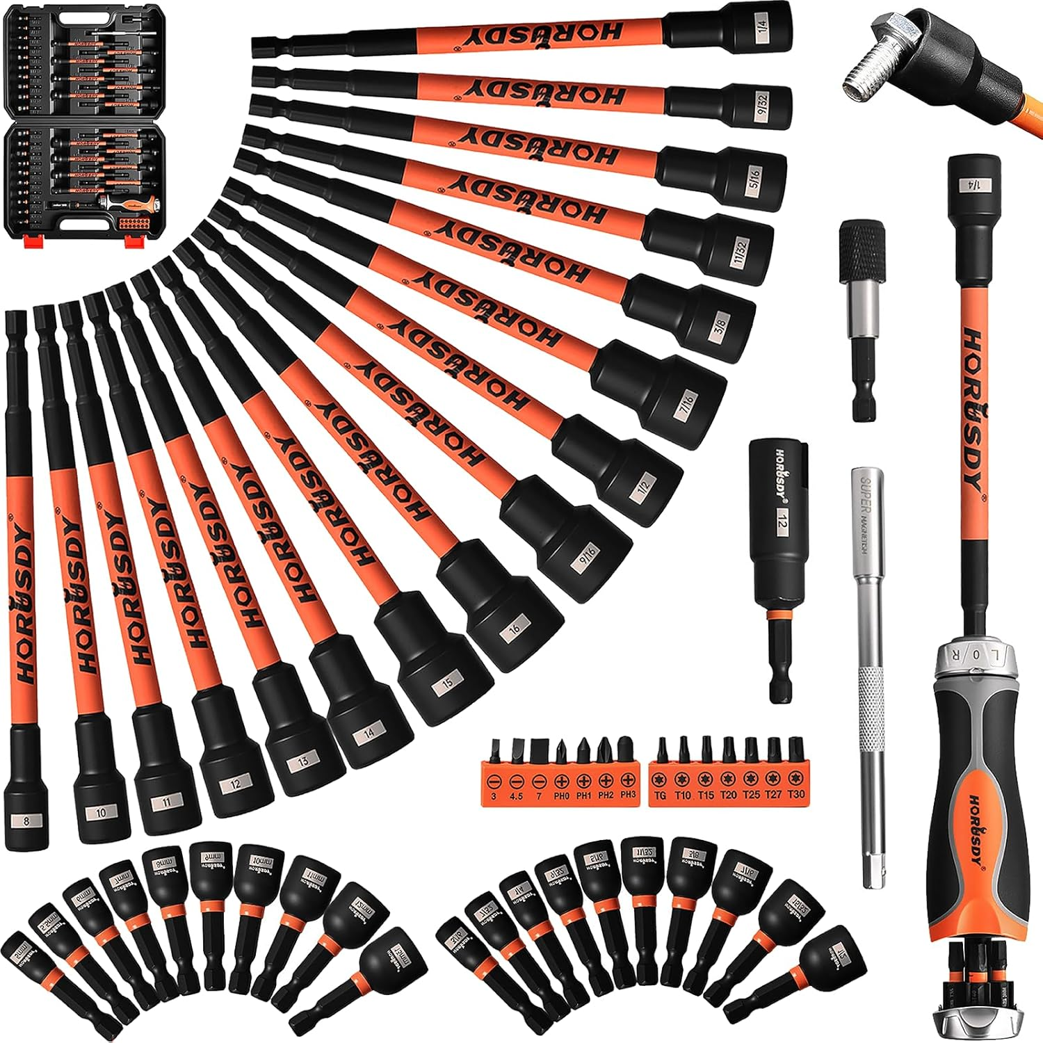 HORUSDY 59Pcs Magnetic Nut Driver Set with 6-In-1 Ratcheting Screwdriver Handle, SAE & Metric 1/4 Inch Hex Shank Socket Set for Impact Drill with Quick-Release Bit Holder and Extension Bar