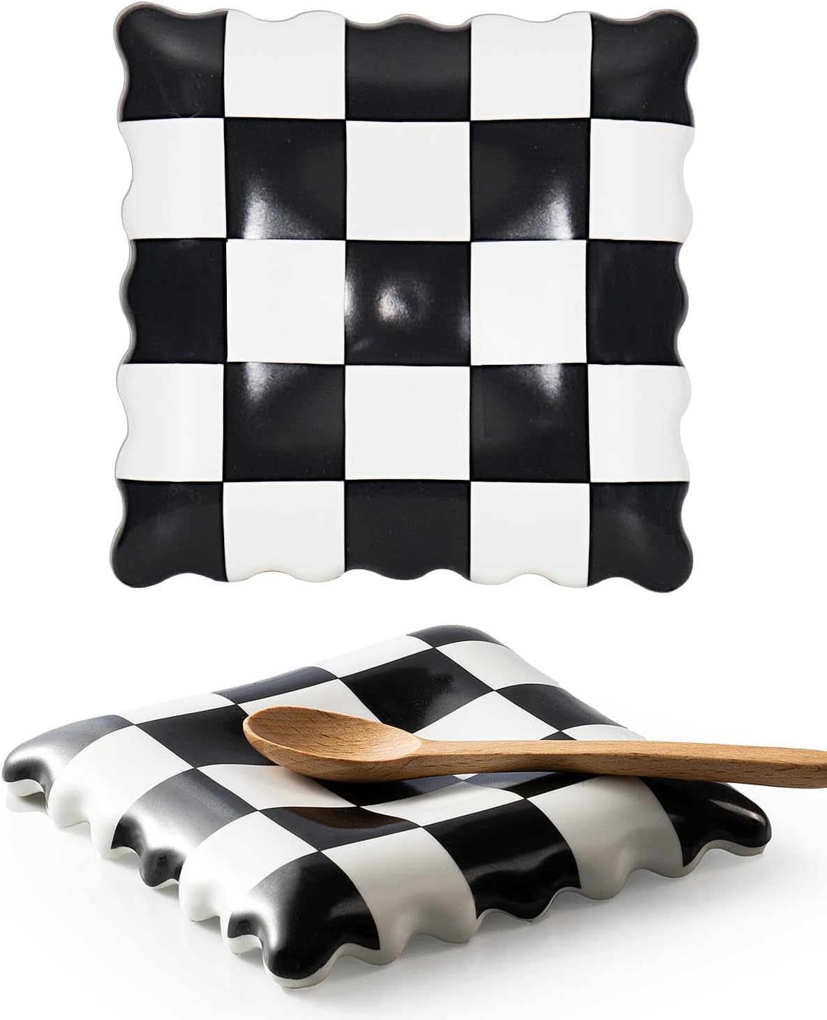 Ceramic Spoon Rest - Unique Checkered Spoon Holder Multipurpose for Stove Top, Kitchen Counter & Coffee Station | Super Cute Kitchen Decor & Hot Coffee Accessories for Housewarming