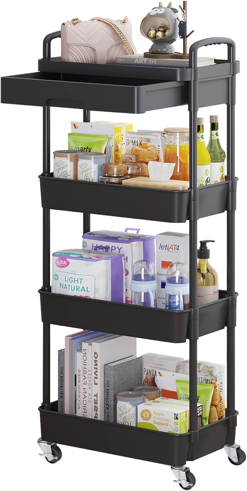 4-Tier Rolling Utility Cart with Drawer,Multifunctional Storage Organizer with Plastic Shelf & Metal Wheel,Storage Cart for Kitchen,Bathroom,Living Room,Office,Black