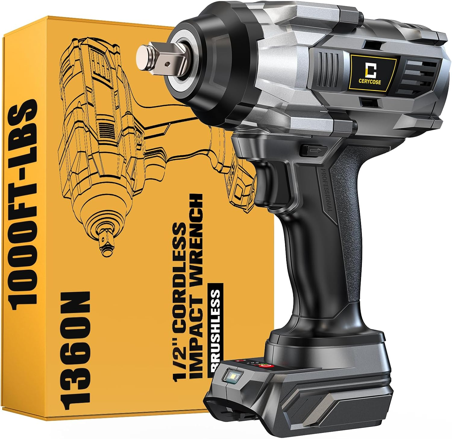 Cordless Impact Wrench 1/2 Inch Compatible with Dewalt Battery, 1000FT-LBS (1360N.M) Brushless Electric Impact Gun Includes LED Work Light, 2100RPM High Torque Impact Driver, Bare Tool Only