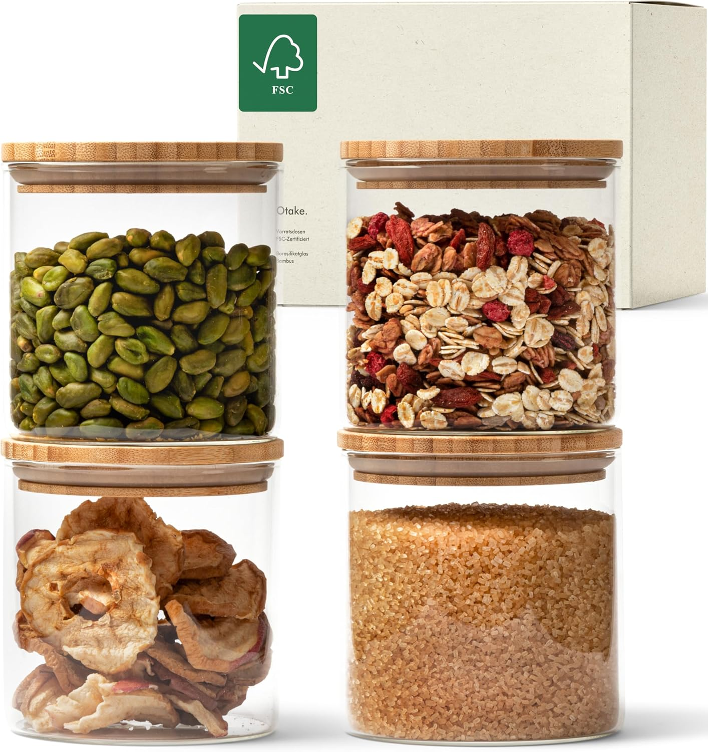 Barattoli Vetro Ermetici [4X 600Ml] - Barattolo Vetro Con Coperchio - Barattolo Sale Zucchero Caffè - Barattoli Cucina in Bambù - Contenitore Sale - Porta Pasta Con Coperchio