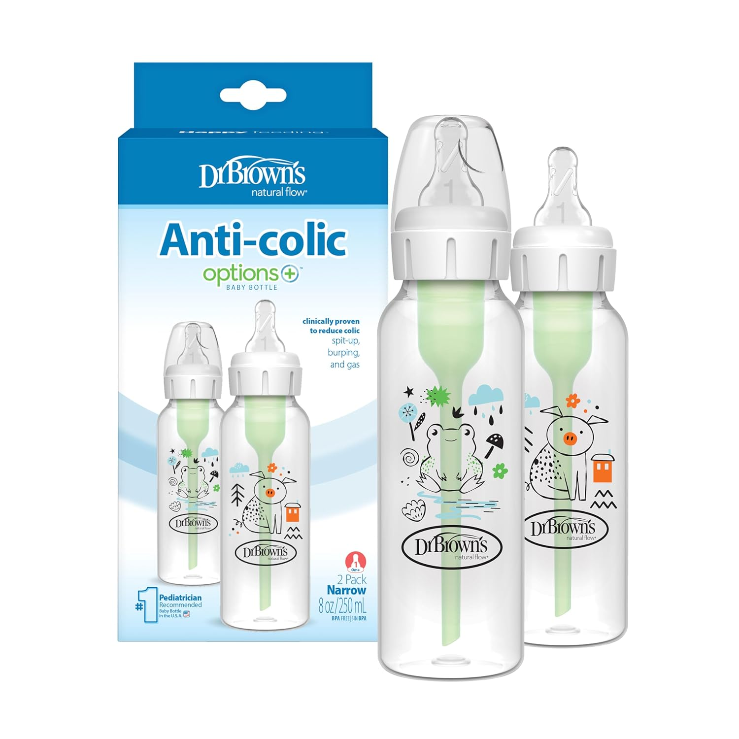 Natural Flow Anti-Colic Options+ Narrow Baby Bottle, Frog and Pig, 8 Oz/250 Ml, with Level 1 Slow Flow Nipple, Bpa-Free, 0M+, 2-Pack