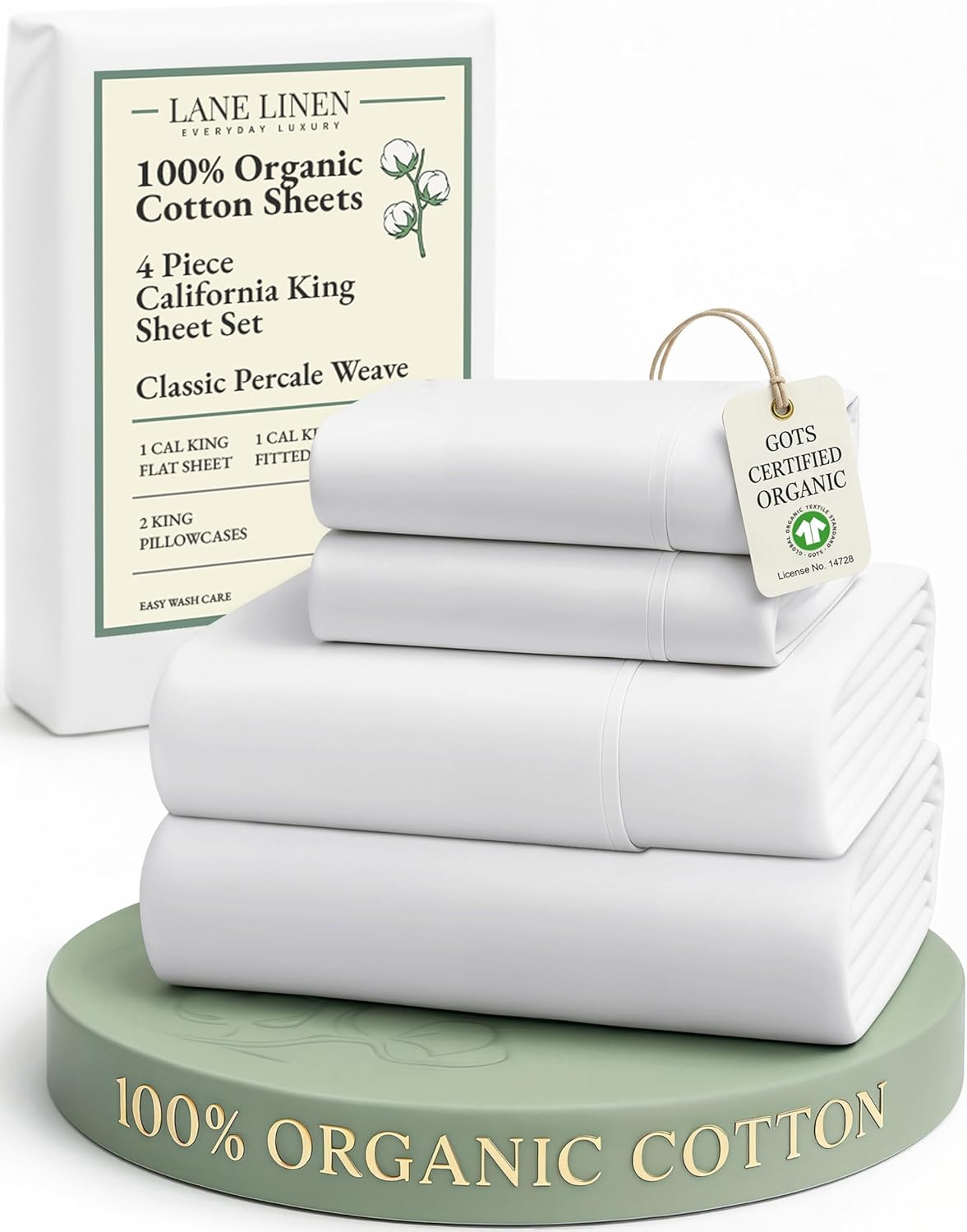 LANE LINEN 100% Organic Cotton California King Sheets Set, 4-Piece Pure Long St