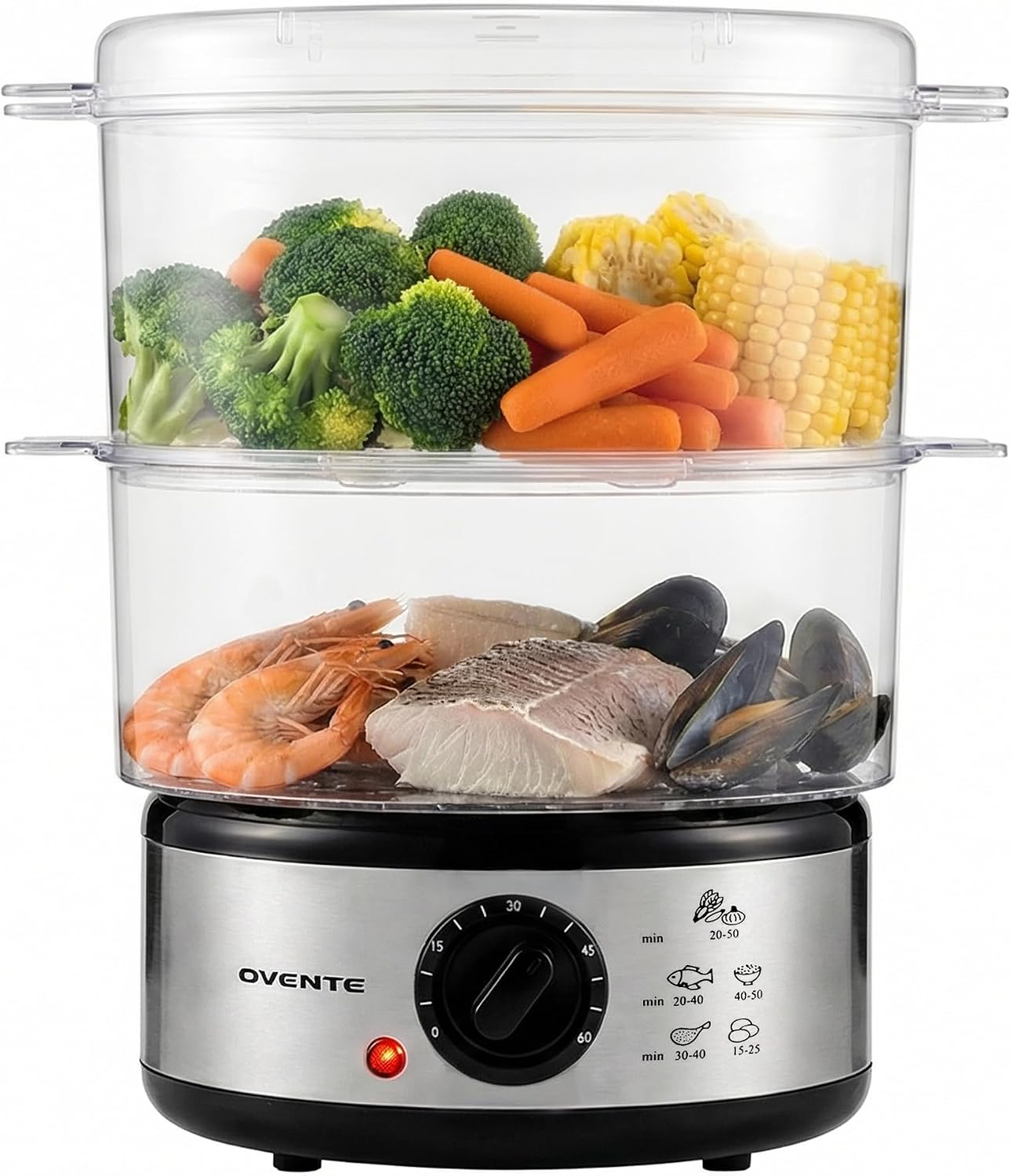 2-Tier Electric Food Steamer 5 Qt Stainless Steel Silver FS62S | Stackable Steam Cooker with 400W Power, 60-Minute Timer & Auto Shut-Off, Dishwasher Safe, Healthy Vegetable & Seafood Steamer