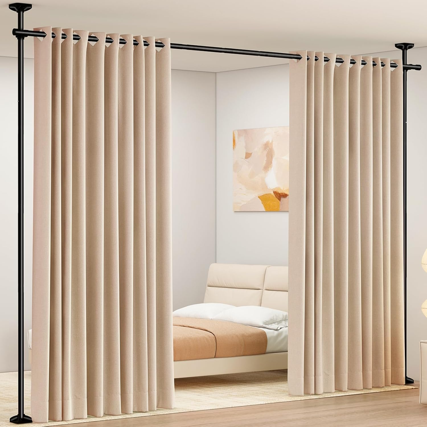Room Divider Curtain Rod, No Drilling Room Separator for Space Partition Adjustable 4-10Ft(H) 28-70Inch(W) Heavy Duty Temporary Wall Divider Floor to Ceiling Tension Rod, Black