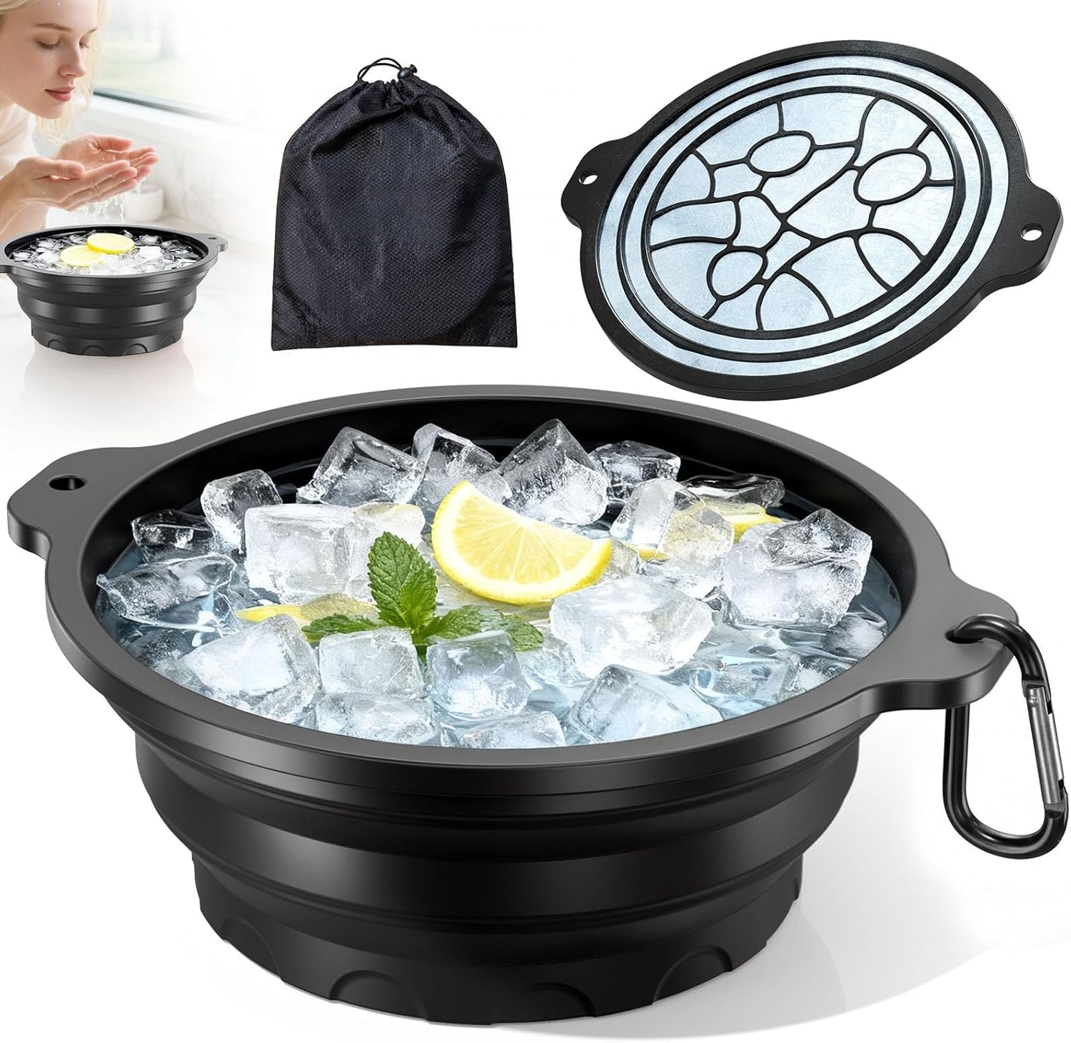 Face Bowl for Ice with Built-In Ice Tray – Collapsible Silicone Facial Ice Bath Bowl for Cold Plunge Therapy, Skin Tightening & Acne Relief – Portable Spa Tool for Home & Travel(Black)
