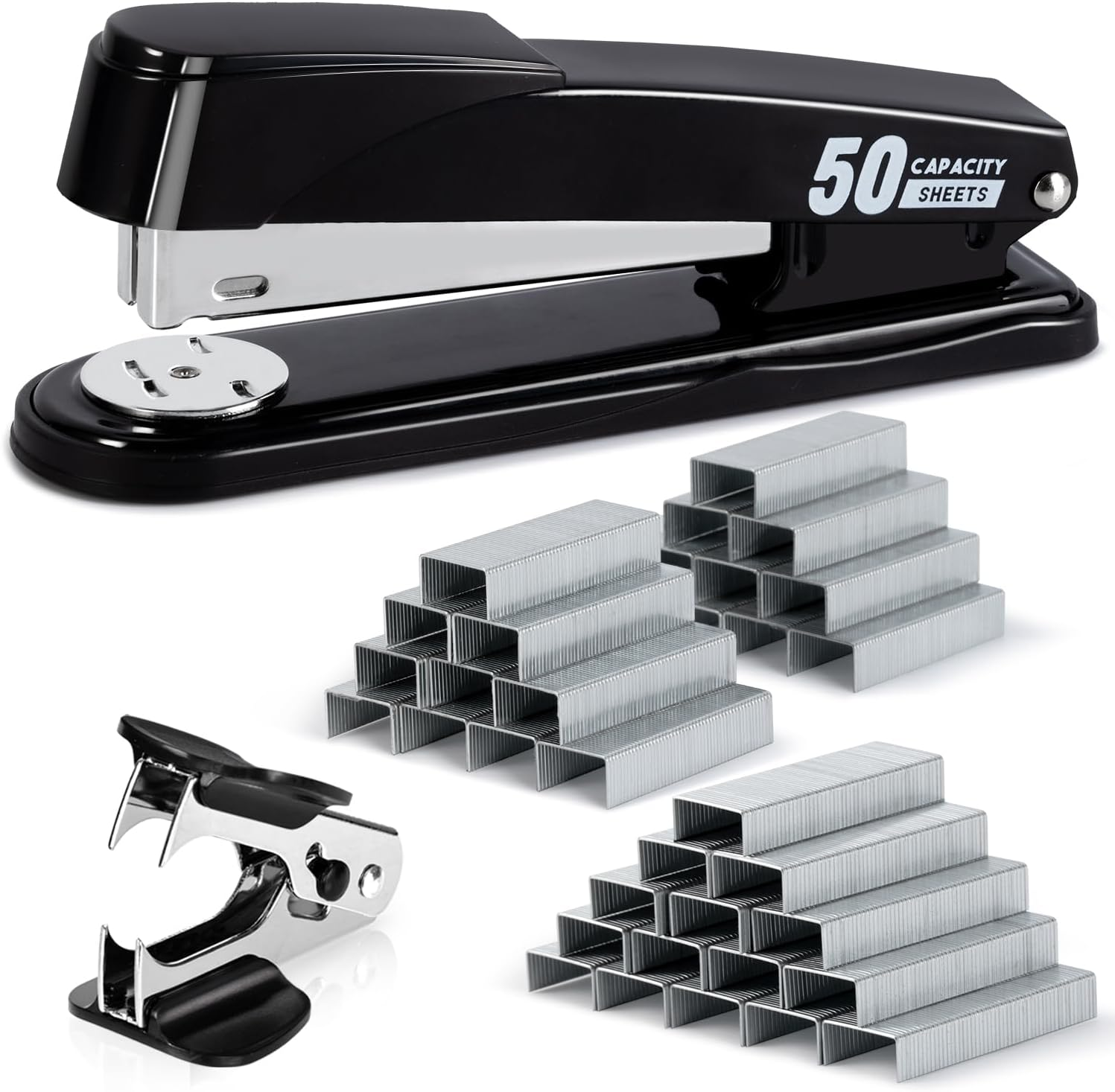 Stapler Heavy Duty, Full Strip Staplers for Desk with 2000 Staples and Staple Remover, 50 Sheet Capacity, No Jam, Non-Slip Office Stapler with Staples for Office, Classroom, Black