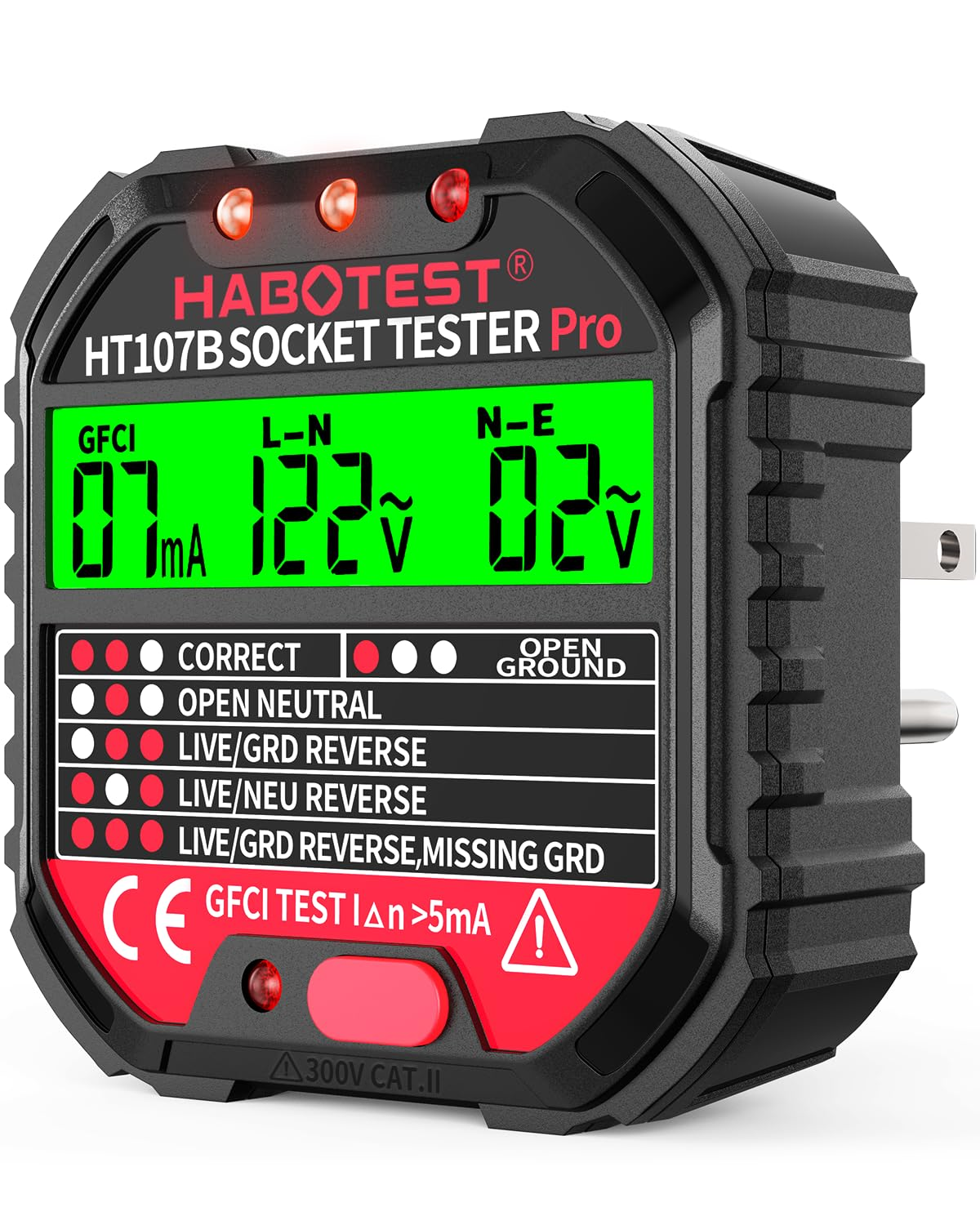 Outlet Tester Electrical GFCI Receptacle Detector with LCD Display, 90-250V Socket Tester, Circuit Polarity Voltage Detector, Plug Tester Breaker Finder with 6 Visual Indication CAT II 300V (CA Plug)