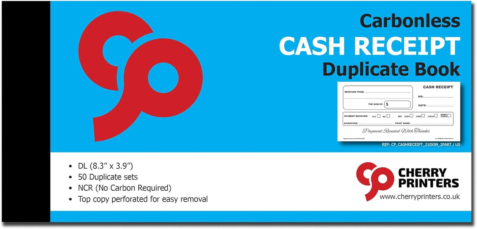 Cherry Carbonless NCR Cash Receipt Book | 50 Duplicate Sets | 8.3