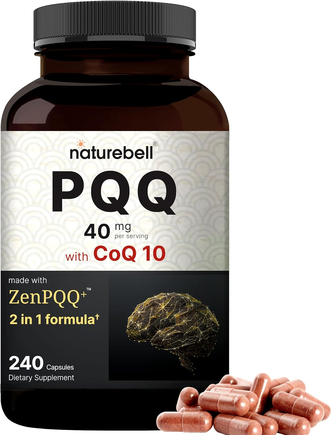 Naturebell PQQ 40Mg per Serving with Coq10, 240 Capsules | Active Pyrroloquinoline Quinone, Highly Bioavailable Zenpqq+ Formula – Promotes Heart, Brain, & Mitochondrial Health – Non-Gmo