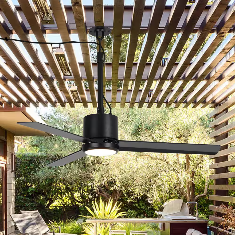 42 In. Outdoor Integrated LED Matte Black Rope Hook Hanging Ceiling Fan with Light and Remote Control