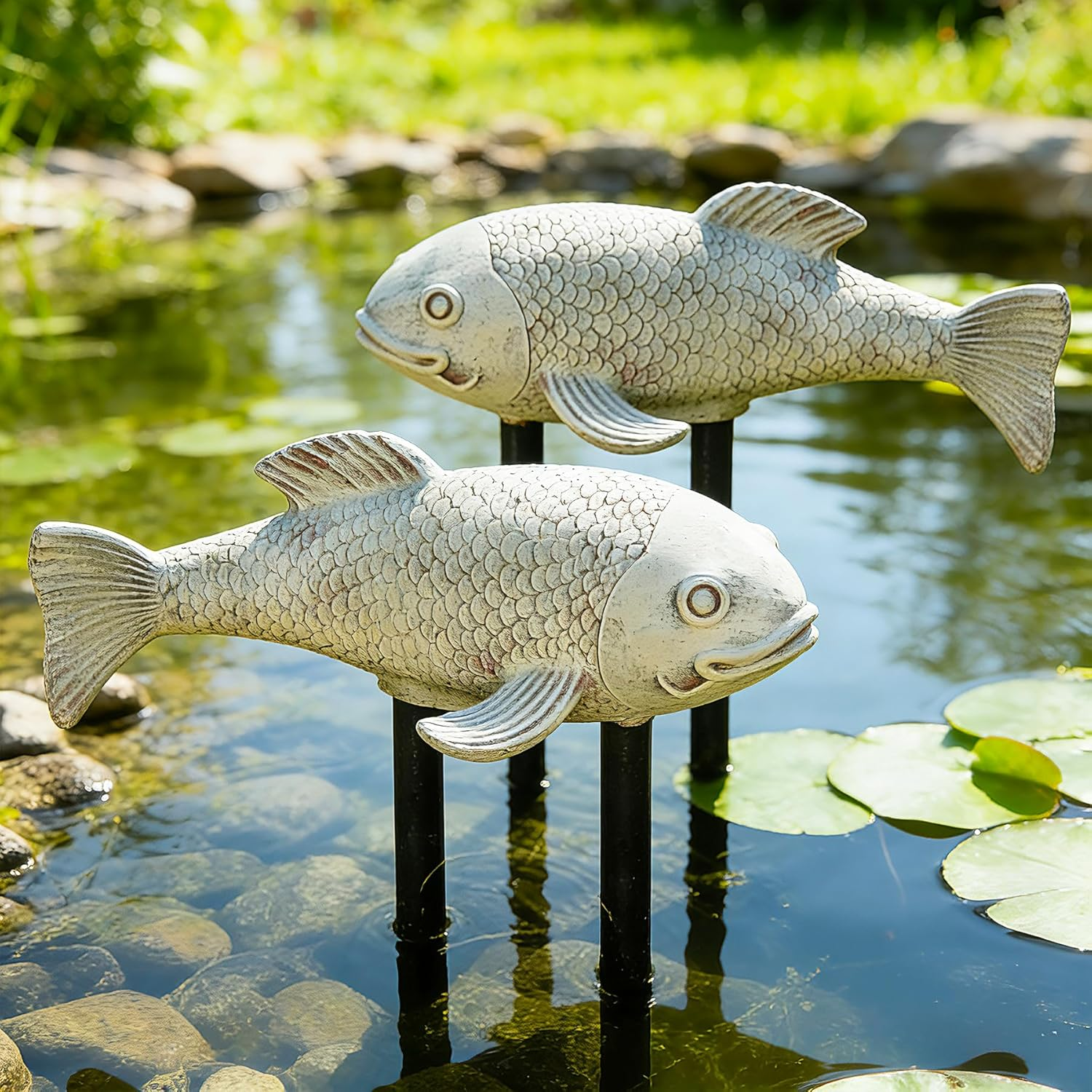 Set of 2 Antique Koi Fish Statue, Outdoor Garden Sculpture for Patio, Backyard, Pond, and Home Decor (White)