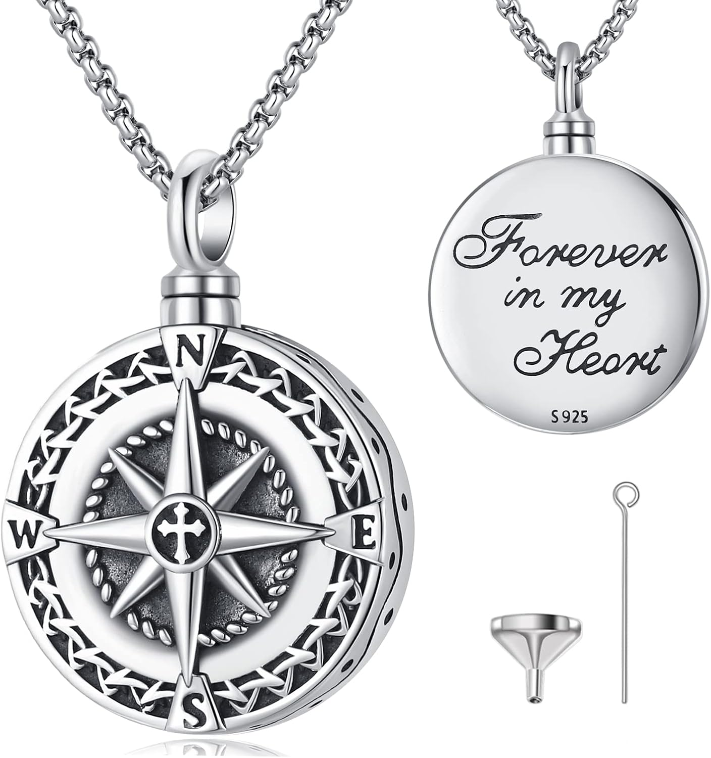 925 Sterling Silver Compass Urn Necklace for Ashes Cremation Keepsake Memorial