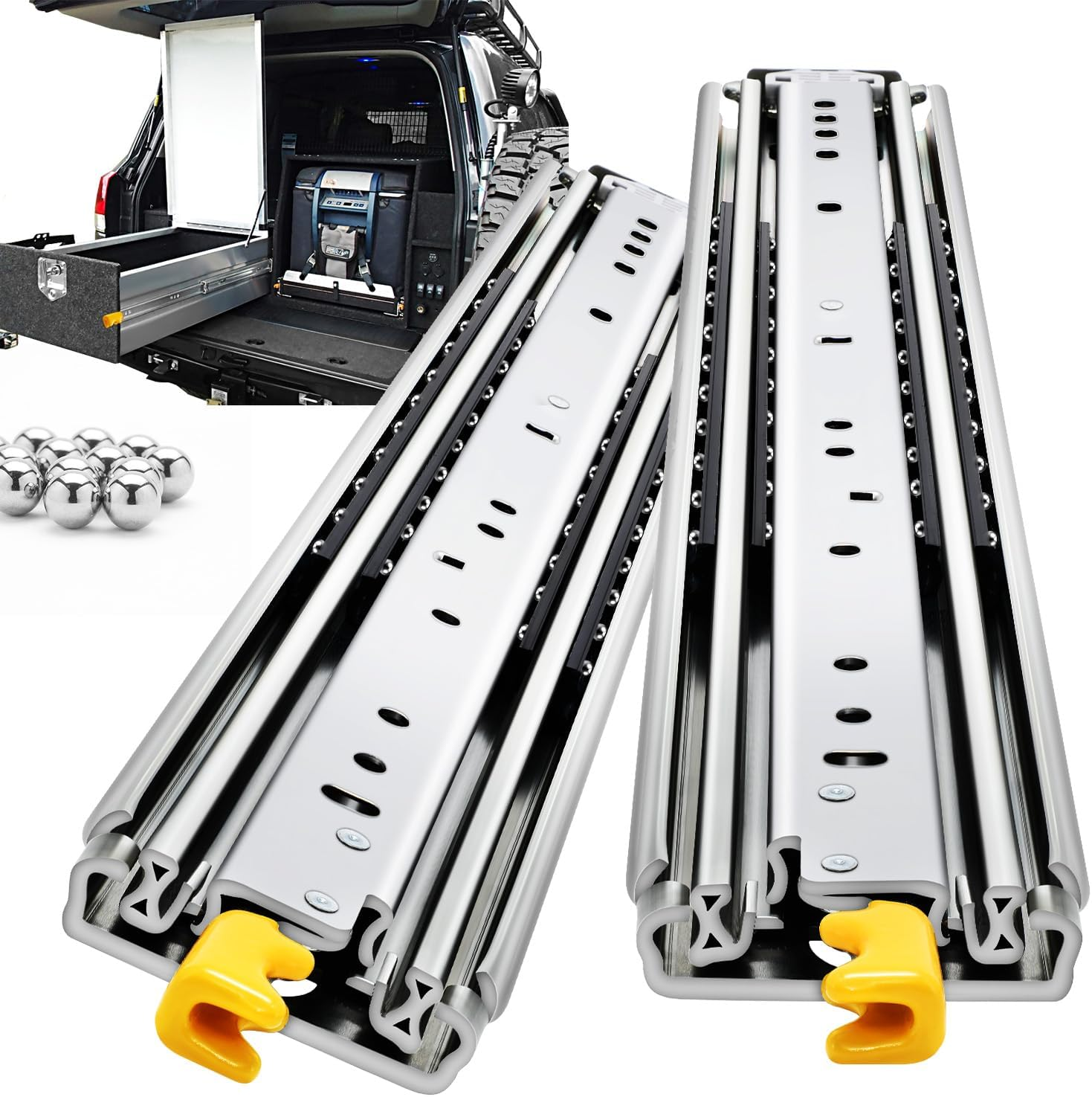 Locking Heavy Duty Drawer Slides Full Extension 12–60 Inch 500 LB | Side Mount Lock Heavy Duty Long Industrial Cabinet Drawer Rail Glides Ball Bearing for RV Tool Box Workbench 12–60 Inch 1Pair