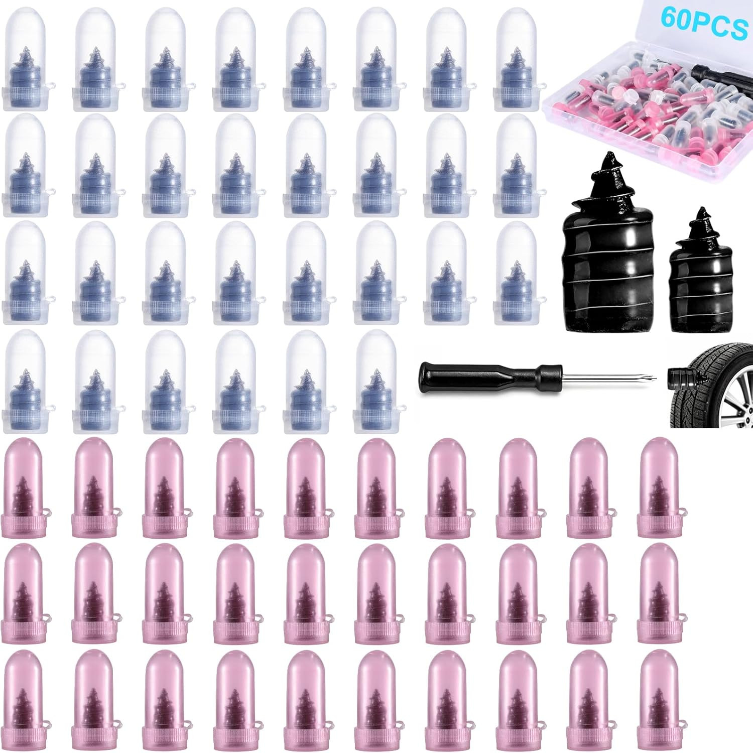 60 PCS Premium Tire Repair Kit Screw-in Tire Plugs with Screwdriver for Punctures