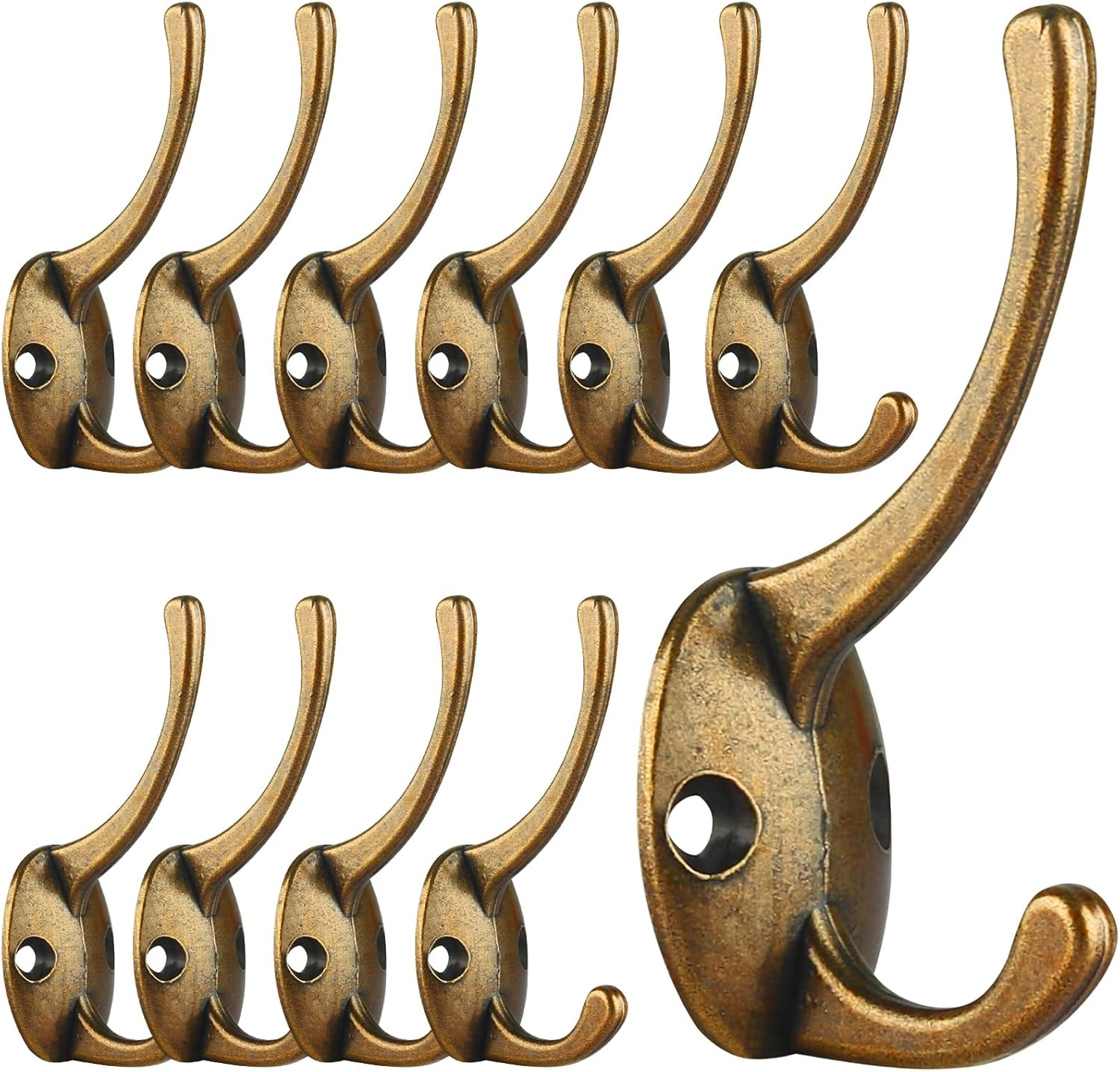 12 Pack Antique Brass Coat Hooks Wall Mounted with 24 Screws Retro Double Hooks Utility Antique Brass Hooks for Coat, Scarf, Bag, Towel, Key, Cap, Cup, Hat