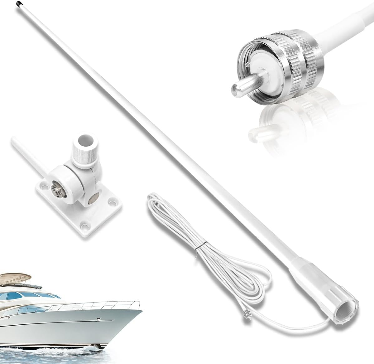 VHF Antenna Marine Radio Antenna Boat Fiberglass Waterproof 156-163Mhz 48In 3.5Dbi with 22.9Ft/7M RG58 Cable,Pl259 Adapter,Adjustable Ratchet Fixed Mount Base Compatible for Cobra Uniden