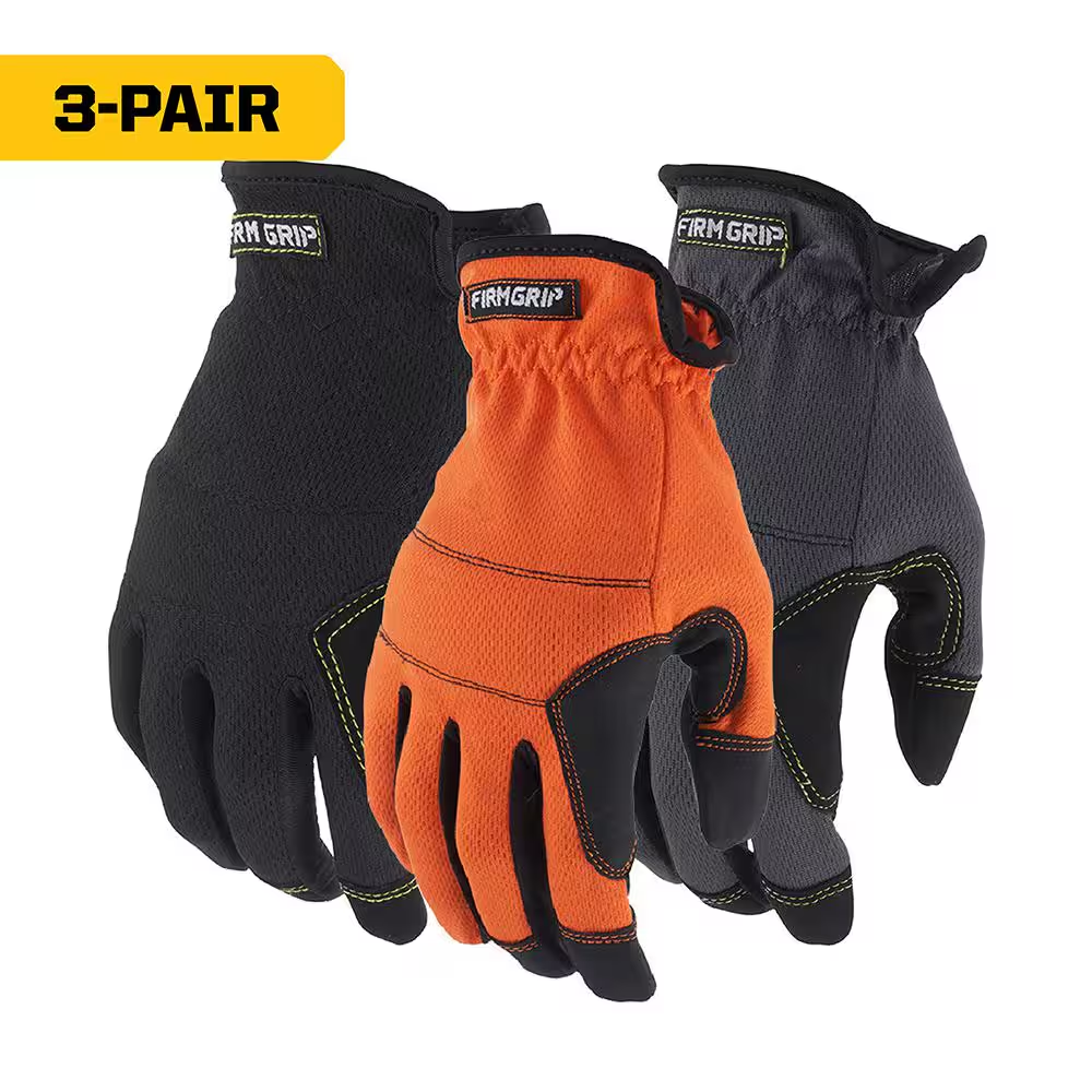 Firm Grip Work Gloves X-Large 3 Pack Utility Safety Durable Padded Knuckles Grip