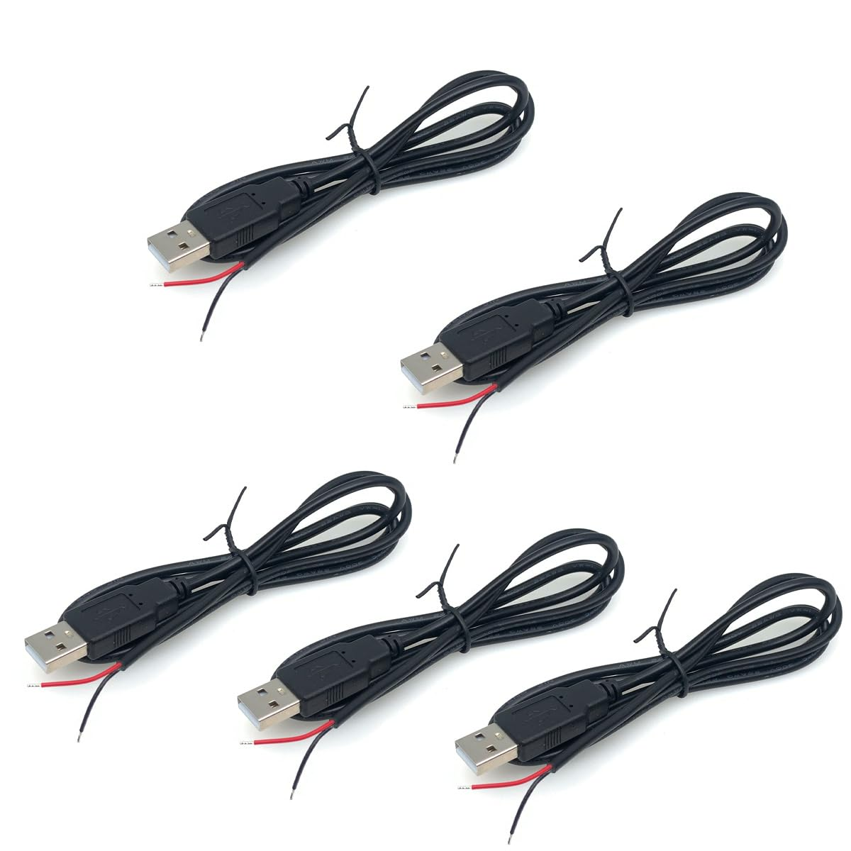 5Pcs 3.2Ft 22AWG USB 2.0 Male 2Pin Pigtail Cable, 3A 5V USB Type a 2 Core Bare 