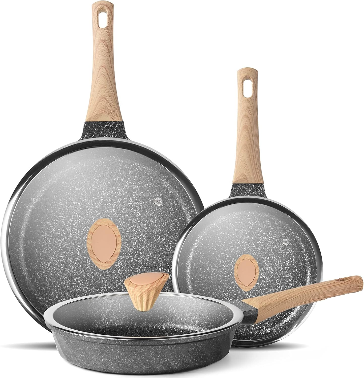 Nonstick Frying Pan Set, Stone Skillet Set, Omelette Pan Cookware Set, Induction Frying Pan with 3 Lid(8Inch&9.5Inch&11Inch)