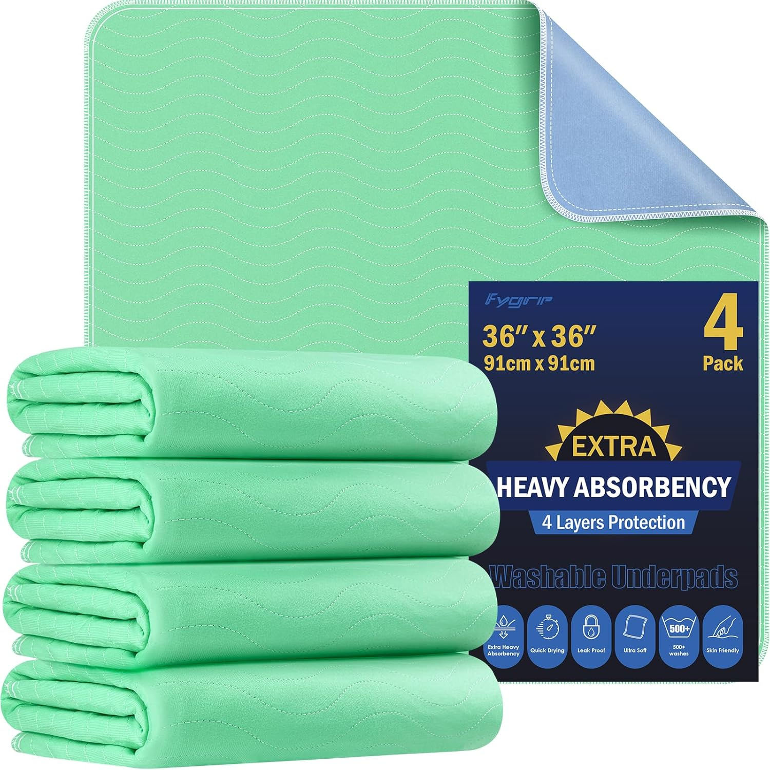 4 Pack 36†X 36†Extra Heavy Absorbency Washable Underpads, Waterproof Quick Drying Nursing Incontinence Reusable Washable Bed Pee Pads for Dogs, Diaper Changing & Adults, Green