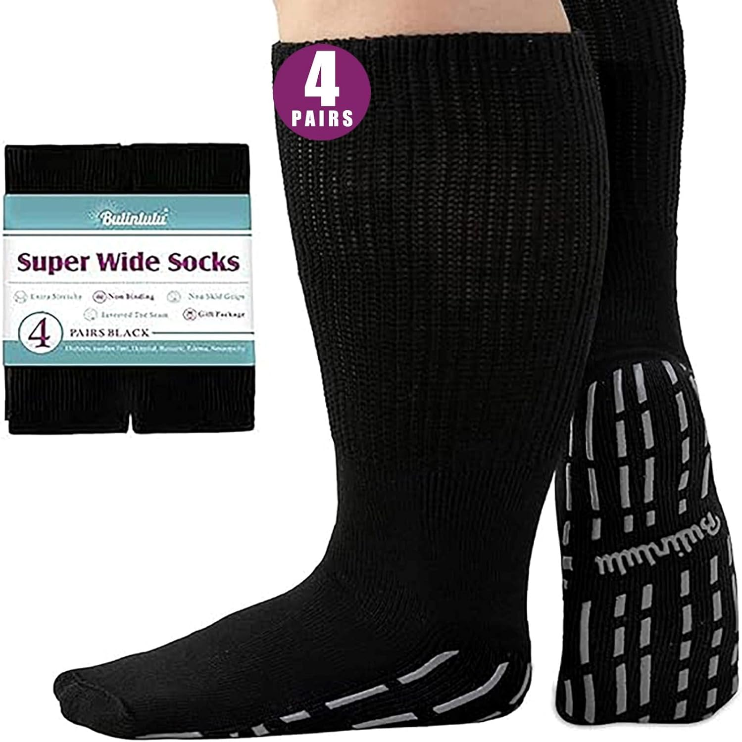 Extra Width Socks for Swollen Feet-4 Pairs Diabetic Hospital Bariatric Non Slip