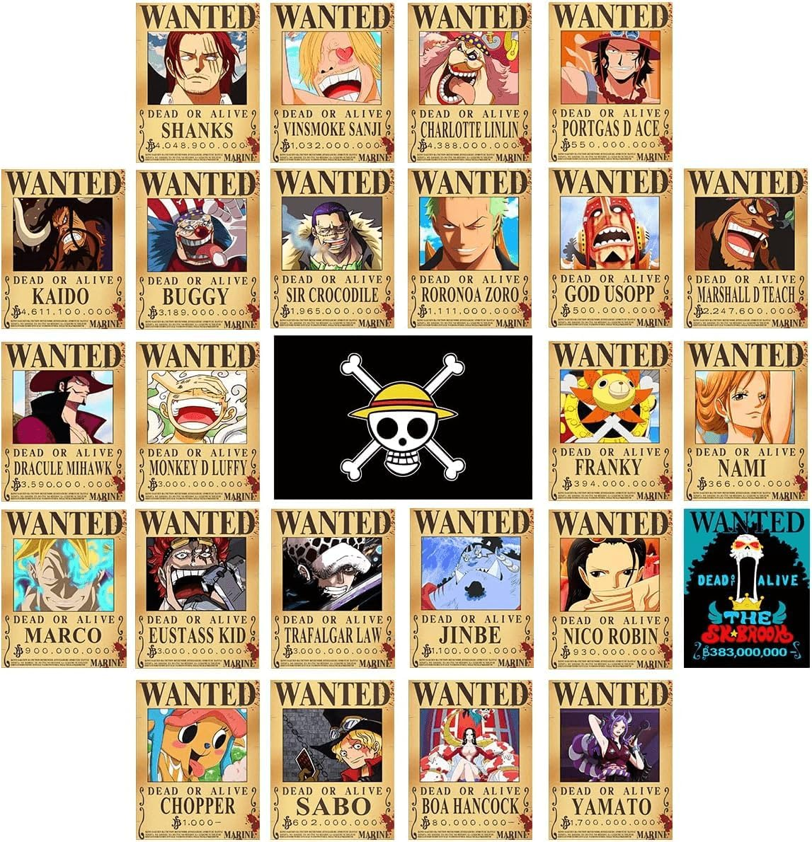 25PCS Anime [OP] Wanted Posters 30×21Cm, New Bounty Edition, Straw Hat Pirates Crew Nika Luffy 3 Billion, Zoro, Sanji, [OP] Anime Gifts(Retro)