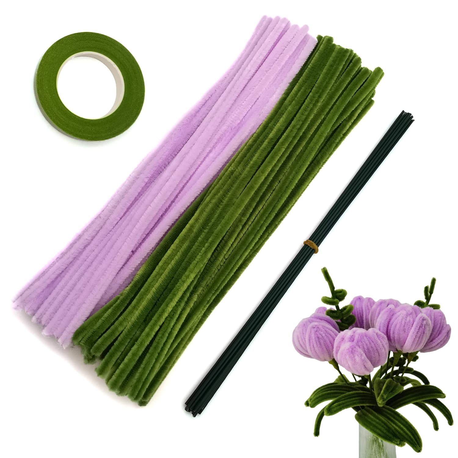 200 Pcs Purple Olivegreen Pipe Cleaners Set with Floral Wires & Gardening Tape, Chenille Stems Pipecleaners for Tulip Bouquet Making,Kids DIY Craft Projects and Decorations