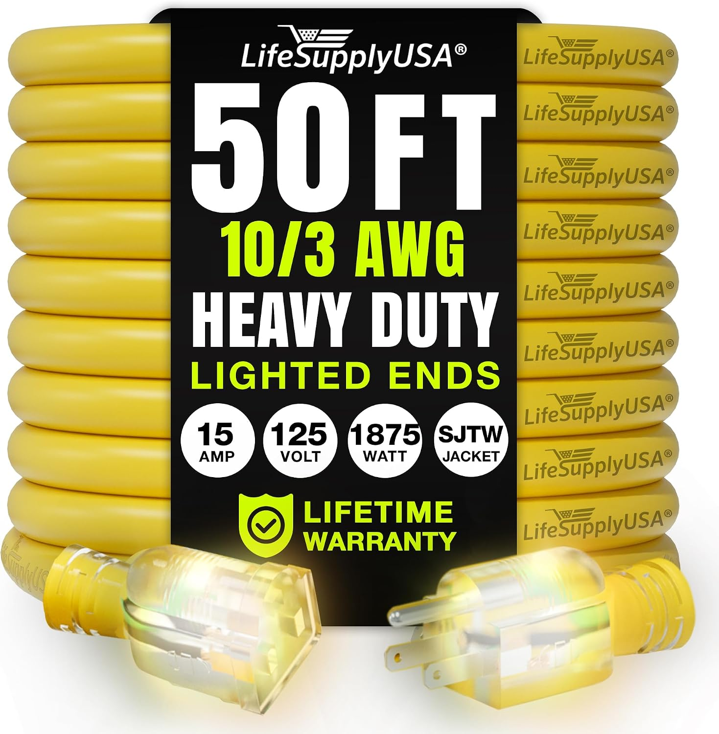 50ft Outdoor/Indoor Extension Cord 10/3 Gauge Ultra Heavy Duty 3 Prong SJTW, Waterproof, Flexible Cold-Resistant Long Power Cord,125 Amp 1875W, Yellow by