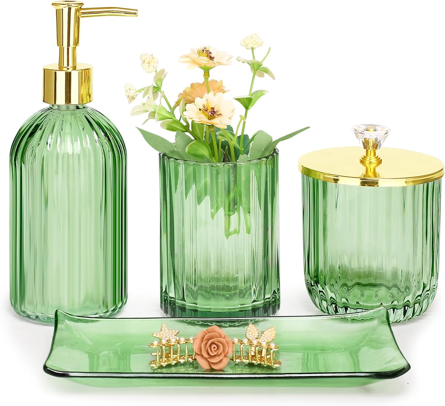Bathroom Accessories Set, 4 Pcs Green Glass Bathroom Accessory Set Complete W/Lotion Soap Dispenser, Toothbrush Holder, Qtip Holder, Vanity Tray, Gold Bathroom Decor, Gift for Home Apartment