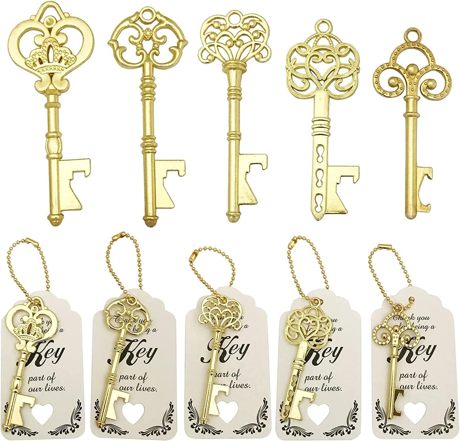 WODEGIFT 50 PCS Key Bottle Openers,Bridal Shower Favors,Rustic Wedding Favors,Gifts,Decorations or Souvenirs for Guests Bulk ,Bridal Shower Party Favors with Card Tag and Chains (Gold)