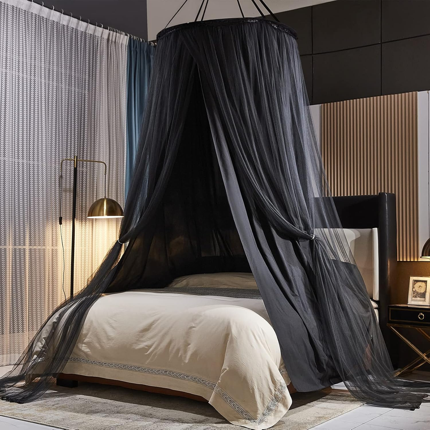 Luxurious Bed Canopy for Girls & Adults - Double Layer Princess Canopy with Lace, round Dome Mosquito Netting for Queen/King Bed Tent (Black)