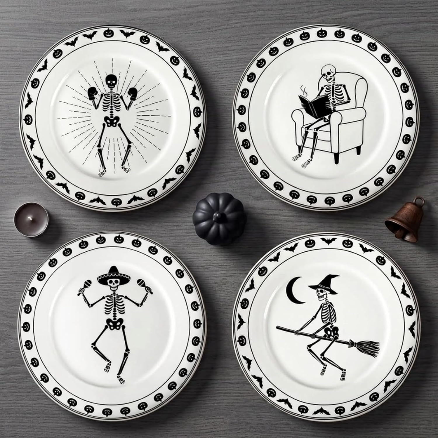Set of 4 Halloween Skeleton Ceramic Plates 9 Inch Dessert Salad Plates with Assorted Funny Skeleton Designs Gothic Pumpkin Bat Border Serving Dishes for Halloween Party Kitchen Decor Gift