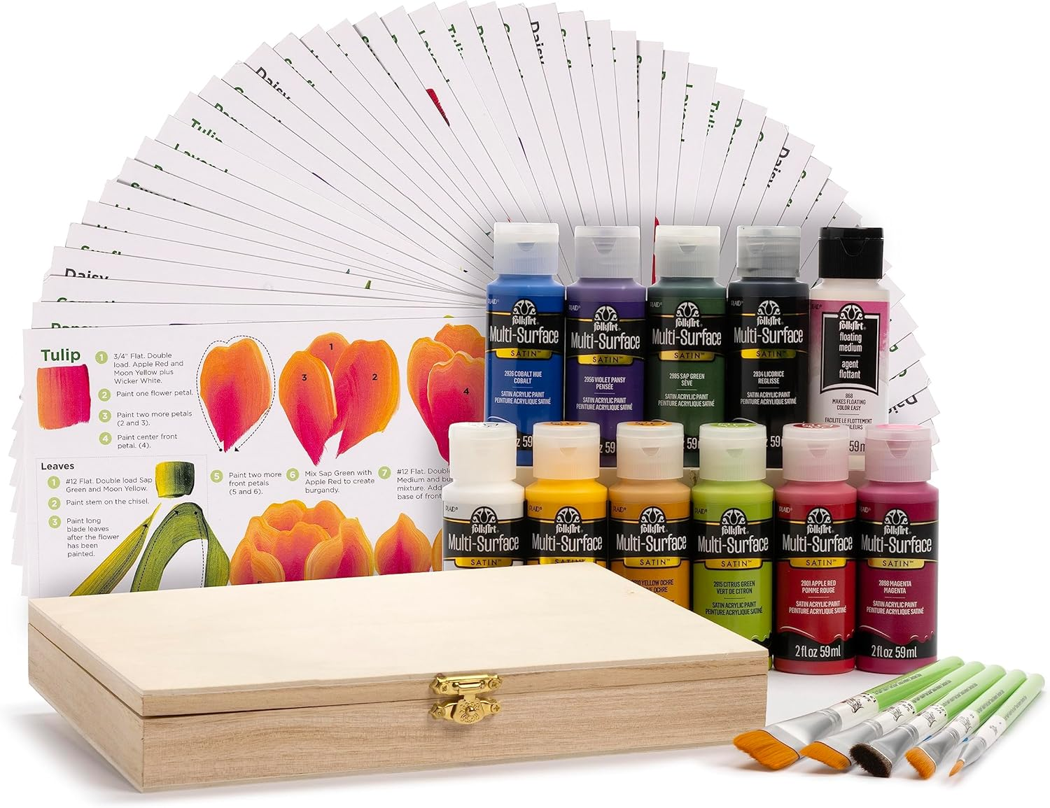 One Stroke a to Z of Floral Painting Kit, Including 10 Multi-Surface Paints, 5 Brushes, 50 Full-Color Teaching Guides, Floating Medium, and 1 Wood Storage Box