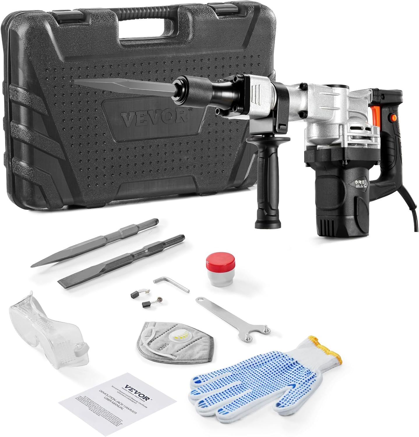 1400W Electric Jackhammer Heavy Duty, 2Pcs Chisels Bits Chipping with Case, 2900 BPM Concrete Breaker, Gloves Black