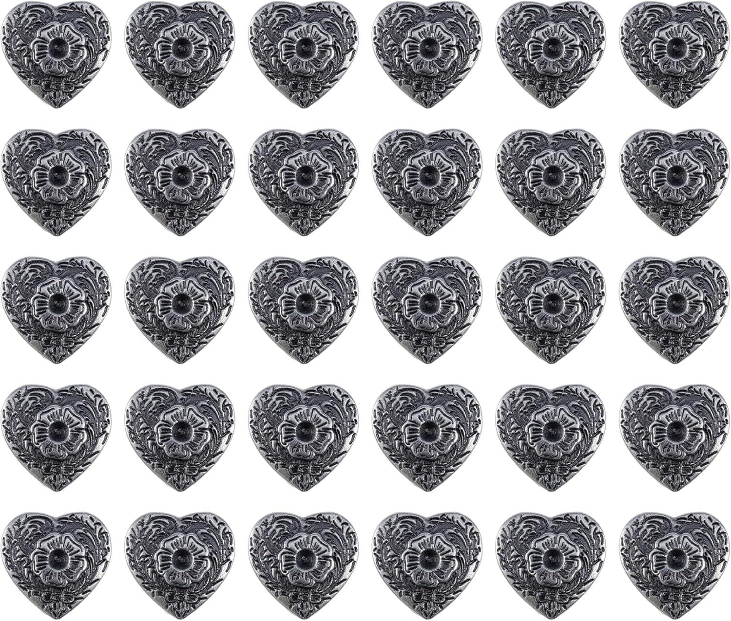 30PCS Antique Silver Heart Pattern Rivets for Leather, Metal Rivet Studs Garment Rivets with Shank for DIY Leather Craft Decoration