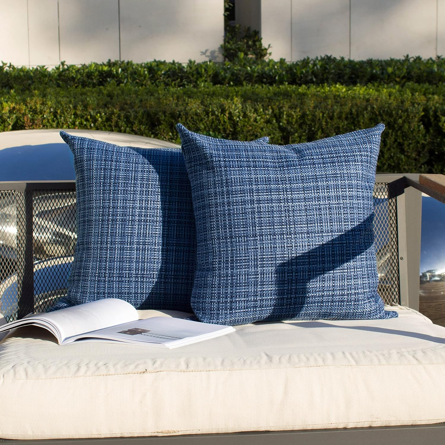 Kevin Textile Pack of 2 Decorative Outdoor Waterproof Throw Pillow Covers Stripe Square Pillowcases Modern Cushion Cases for Patio Couch Bench 18 X 18 Inch Navy Blue